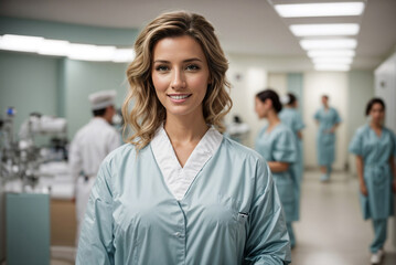 Smiling woman doctor in medical attire standing in a medical office