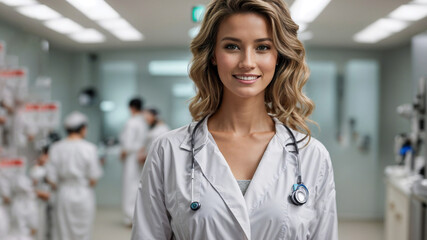 Smiling woman doctor in medical attire standing in a medical office