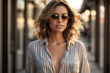 Fototapeta na wymiar Model in Sunglasses and Striped Shirt