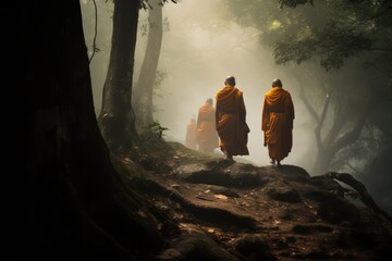 Thai buddhist monks in the forest - generative ai - obrazy, fototapety, plakaty