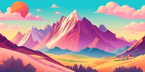 Beautiful highland landscape. Spring meadow. AI generated illustration