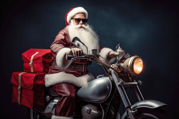 Funny and cool Santa Claus driving on a vintage motorcycle with presents