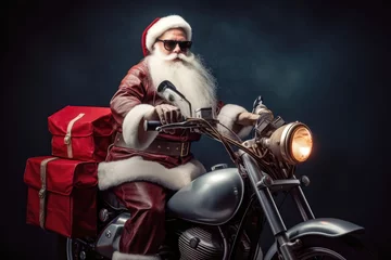 Gartenposter Funny and cool Santa Claus driving on a vintage motorcycle with presents © Jürgen Fälchle