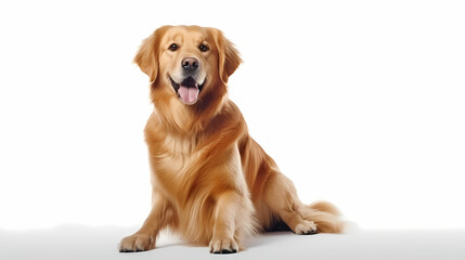 Golden Retriever dog sitting upright, its mouth open and tongue shown. Beautiful, luxurious, shiny coat.