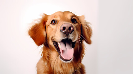 Happy Golden Retriever dog close-up taken in a studio, isolated on a white background
