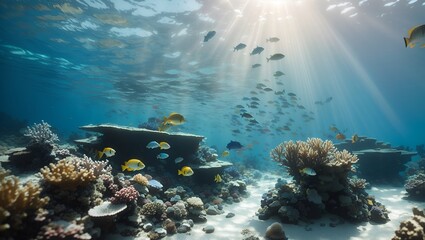 Fototapeta na wymiar Sunlit Serenity: Coral Reef Fish in Underwater Scene with Transparent Waters