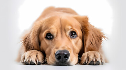 Golden Retriever dog lying down facing camera looking a little sad - isolated studio shot