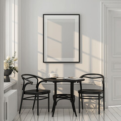 Frame mockup, single portrait ISO A paper size. Poster mockup on the wall of Dining room. Interior mockup. Paris Apartment background. Modern interior design. 3D render
