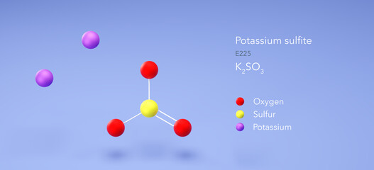 potassium sulfite molecule, molecular structures, e225, 3d model, Structural Chemical Formula and Atoms with Color Coding