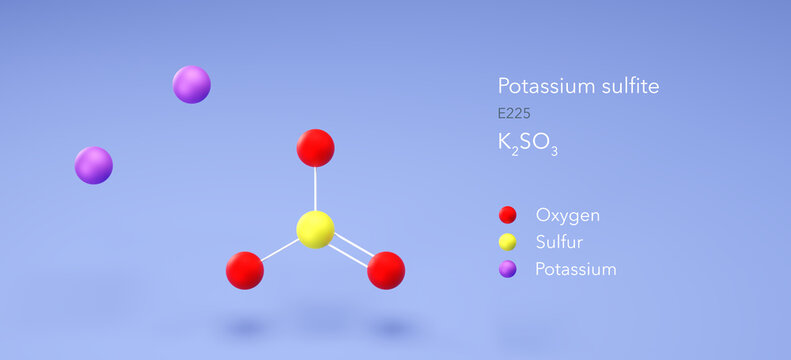 potassium sulfite molecule, molecular structures, e225, 3d model, Structural Chemical Formula and Atoms with Color Coding