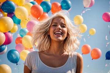 Happy young woman at a celebration with balloons on a sunny summer day