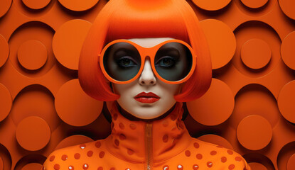 Attractive orange woman with sunglasses against an orange background.
