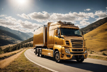 Obraz premium Golden Truck on a Mountain Road on a Sunny Day