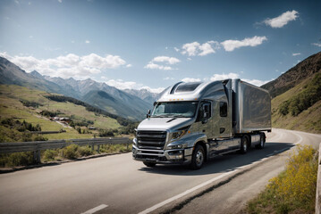 Sunlit Adventure: Silver Truck on a Mountain Road