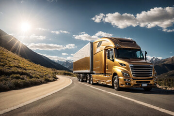 Obraz premium Golden Truck on a Mountain Road on a Sunny Day