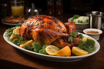Roasted Turkey on plate with vegetables for Christmas or Thanksgiving 