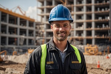 Fototapeta premium Happy Construction Worker in Protective Helmet at Construction Site