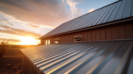 Corrugated metal roof installed in a modern house. Metal sheet roof. - obrazy, fototapety, plakaty