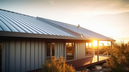 Corrugated metal roof installed in a modern house. Metal sheet roof. - obrazy, fototapety, plakaty
