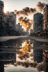 Destroyed City: Burning High-Rise Buildings - obrazy, fototapety, plakaty