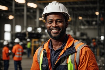 Smiling Afro-American Man with Safety Helmet in the Workshop. Happy Afro-American Man in Protective Workwear at the Factory, Portrait. - obrazy, fototapety, plakaty
