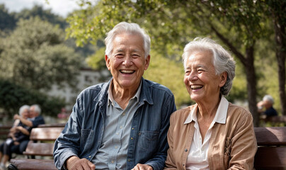 Happy elderly couple sitting on a bench in the park and laughing - obrazy, fototapety, plakaty