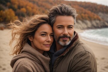 Fototapeta premium Joyful Couple on Ocean Coast in Autumn Vibes. Happy Midlife Couple Embracing on the Ocean Shore in Autumn Attire.