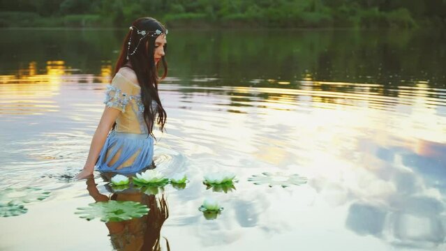 fantasy woman river nymph greek goddess stands in lake, hand gently strokes plant water lily white flowers green leaves float. Sexy girl enjoy summer nature sun light magic sunset glare tree forest 4k