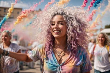 Happy young woman with white hair at a color festival