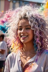 Fototapeta premium Happy young woman with white hair at a color festival