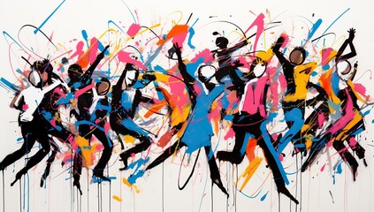 Dynamic depiction of abstract human figures in vibrant colors splattering on a white background. Abstract background and wallpaper.