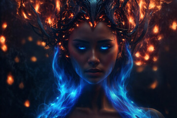 A Woman with Burning Blue Eyes and a Fiery Crown on Her Head: Digital Art.