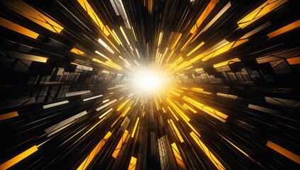 Bright light at the center of a tunnel made of geometric shapes. Abstract background and wallpaper.