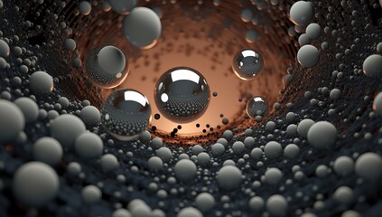 Numerous grey spheres on a brown background with a tunnel effect. Abstract background and wallpaper.