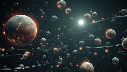 Multiple planets with lights on a dark background. Abstract background and wallpaper.