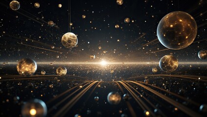 Starry space filled with glowing planets and comets. Abstract background and wallpaper. - obrazy, fototapety, plakaty