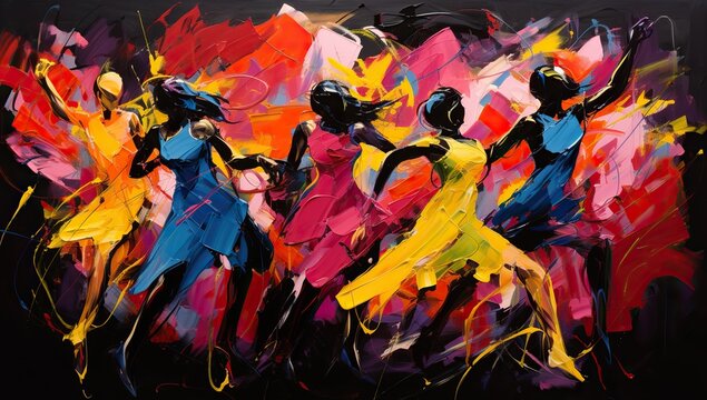 Abstract dancing human figures against a backdrop of expressive red and orange hues. Abstract background and wallpaper.
