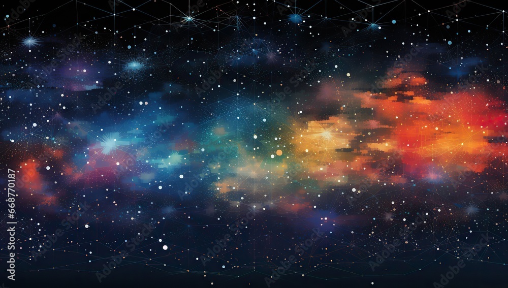 Wall mural starry sky with connecting lines and bright dots against a backdrop of colorful clouds. abstract bac
