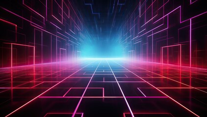 Obraz premium Digital corridor with neon lines and blue light on the horizon. Abstract background and wallpaper.