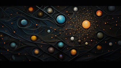 Intricate graphic with multicolored circles connected by lines on a dark background. Abstract background and wallpaper.