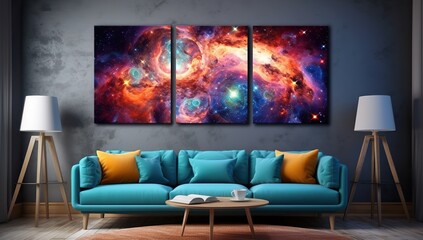 Three cosmic paintings with bright stars and nebulae on the wall next to a blue sofa and table lamps.
