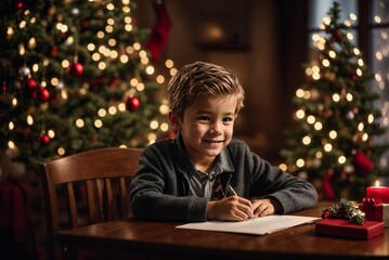 Little boy writing a letter to Santa on Christmas Eve