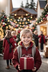 Obraz na płótnie Canvas Happy Little Boy with Light Hair, Portrait Against a Christmas Sale Background