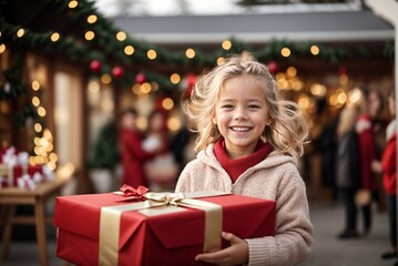 Fototapeta na wymiar Joyful Little Girl with Light Hair, Portrait at a Christmas Sale