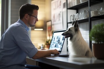 A veterinarian utilizing telehealth technology to conduct virtual consultations with pet owners. - obrazy, fototapety, plakaty
