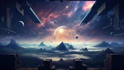 Cosmic landscape with planets, stars, comets, and destroyed walls. Abstract background and wallpaper.