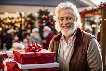 Obraz na płótnie Canvas Laughing man with a gray beard preparing Christmas gifts