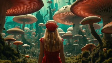 Fotobehang Alice in Wonderland, a fabulous forest of big mushrooms, a girl in a fairy tale. Mushrooms trees toadstools fly agarics © Mars0hod