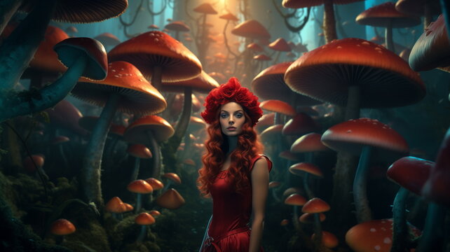 Alice in Wonderland, a fabulous forest of big mushrooms, a girl in a fairy tale. Mushrooms trees toadstools fly agarics