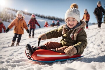 Happy little boy on a sled in a sunny winter day